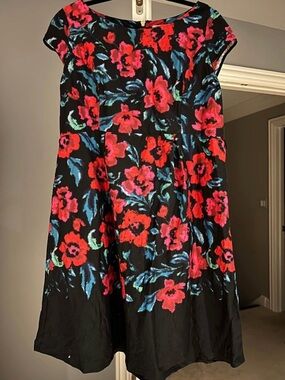Maternity Black Floral A-Line Dress with Red & Blue Flowers